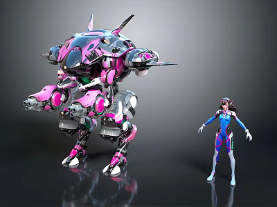 Futuristic Female Character In Blue And Purple Outfit With Pink And Black Mech Robot 3d model