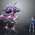 Futuristic Female Character In Blue And Purple Outfit With Pink And Black Mech Robot