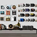 Vinyl Record Collection Display On Digital Audio Shelves With Turntable And Speaker