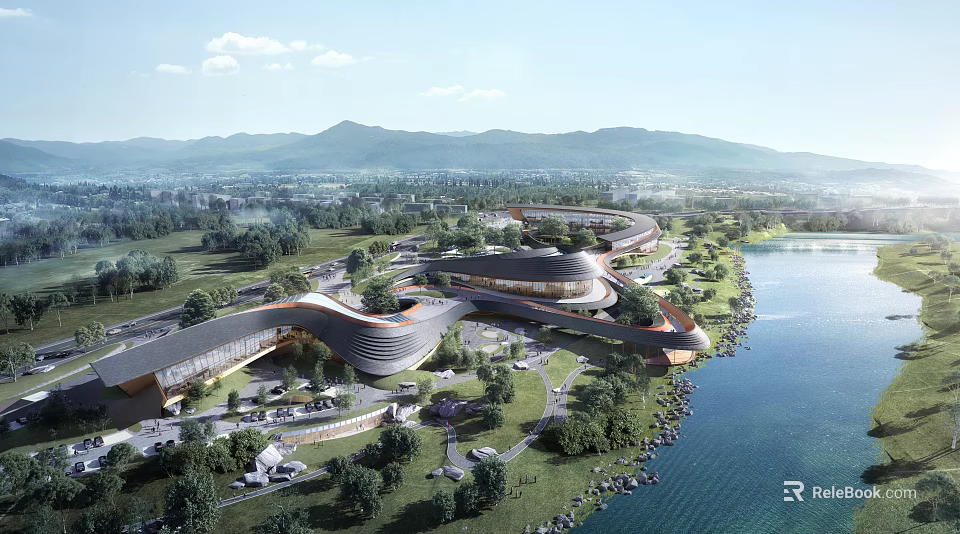 Modern Industrial Factory Complex With Unique Curved Roofs By Lakeside Surrounded By Mountains Greenery And Water 3d model 