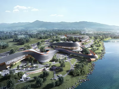 Modern Industrial Factory Complex With Unique Curved Roofs By Lakeside Surrounded By Mountains Greenery And Water 3d model