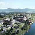 Modern Industrial Factory Complex With Unique Curved Roofs By Lakeside Surrounded By Mountains Greenery And Water