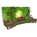 Garden Landscape with Lush Green Plants Vines Wooden Bench Deer Statues and Red Mushrooms
