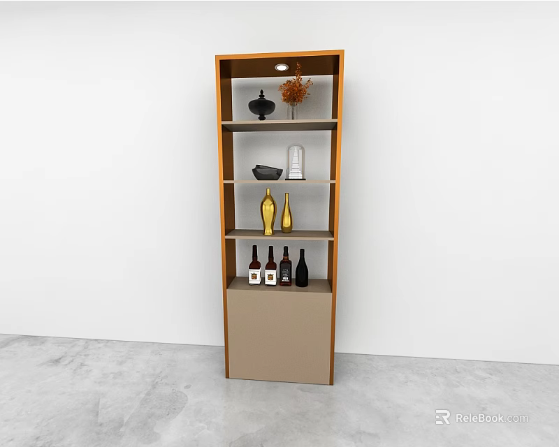 Wooden Beige Wall Cabinet With Multiple Shelves Decorative Items Wine Bottles White Wall Gray Floor 3d model 