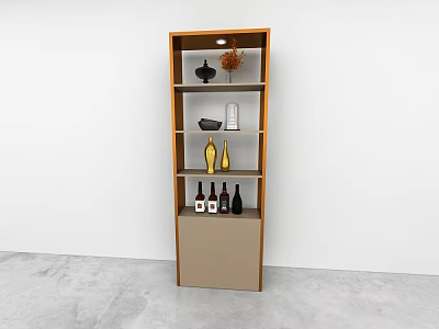Wooden Beige Wall Cabinet With Multiple Shelves Decorative Items Wine Bottles White Wall Gray Floor 3d model