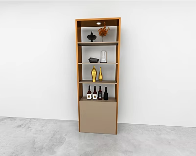 Wooden Beige Wall Cabinet With Multiple Shelves Decorative Items Wine Bottles White Wall Gray Floor 3d model