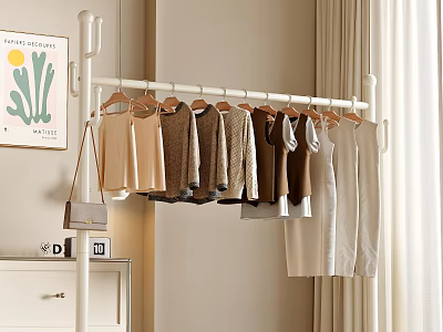 White Clothes Rack with Beige Brown White Tops Blouses and Hanging Small Bag Near Curtain and Wall Art with Plant Design 3d model
