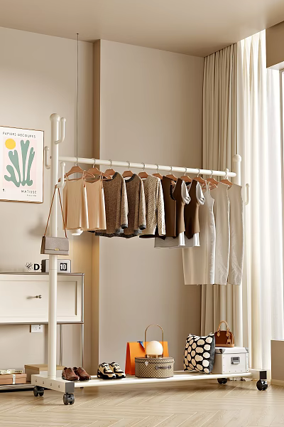 White Clothes Rack with Beige Brown White Tops Blouses and Hanging Small Bag Near Curtain and Wall Art with Plant Design 3d model