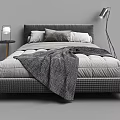 Modern Double Bed with Gray Blanket Pillows Side Nightstand and Floor Lamp in Minimalist Bedroom
