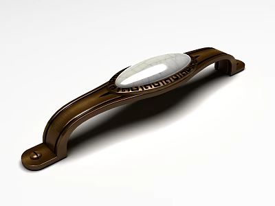Ornate Brass Door Handle Featuring Intricate Patterns And White Oval Inlay 3d model