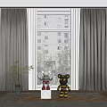 Dark Gray Velvet Curtains in Modern Living Room with Large Window and Indoor Plants