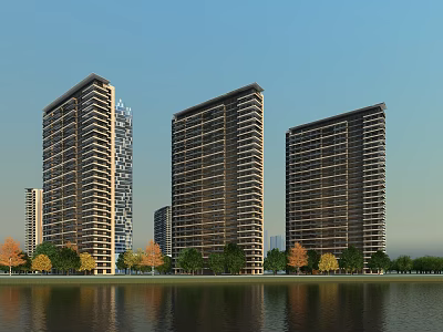 Tall Modern Residential Buildings Waterfront with Trees and Blue Sky View 3d model