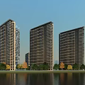 Tall Modern Residential Buildings Waterfront with Trees and Blue Sky View