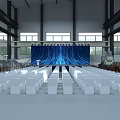 Large Event Venue Interior With White Chairs And Blue Stage Screen