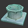 Old Rusty Manhole Cover On Mossy Square Stone Base With Cracked Edges 3d model