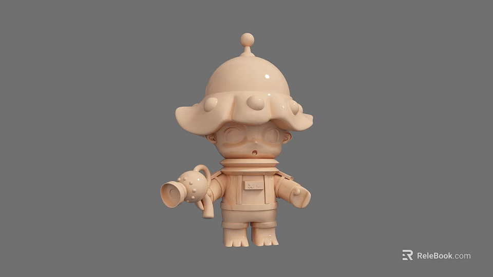 Cute Tan Cartoon Character 3D Model With Large Hat And Horn Like Object 3d model 
