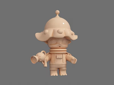 Cute Tan Cartoon Character 3D Model With Large Hat And Horn Like Object 3d model