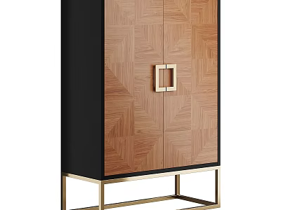 Modern Wooden Wardrobe With Geometric Pattern Gold Handle Black Frame And Gold Stand 3d model