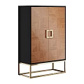Modern Wooden Wardrobe With Geometric Pattern Gold Handle Black Frame And Gold Stand