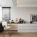Modern Room TV Cabinet With White Curtains Wooden Floor And Black Abstract Painting