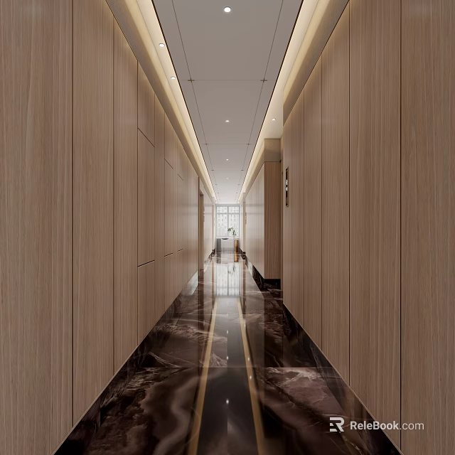 Modern Elevator Hallway With Wooden Walls Marble Floor And Bright Light Strips 3d model 