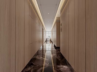 Modern Elevator Hallway With Wooden Walls Marble Floor And Bright Light Strips 3d model