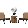 Woven Rattan Leisure Chairs With Black Legs And Wooden Side Table With Plant Vase