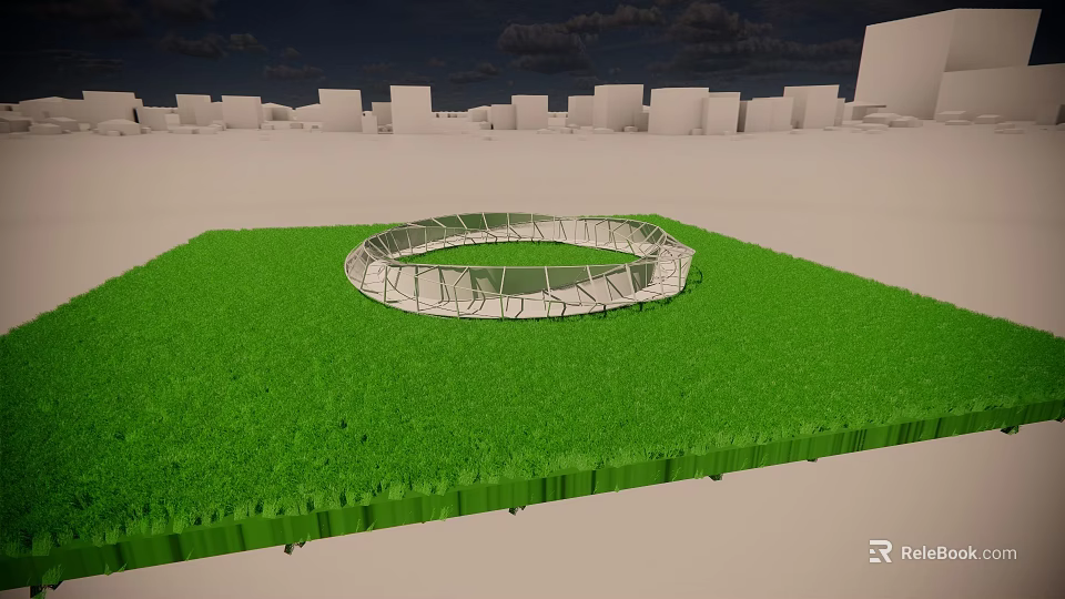 Outdoor Circular Metal Structure On Green Lawn With White Buildings Background 3d model 