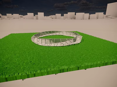 Outdoor Circular Metal Structure On Green Lawn With White Buildings Background 3d model