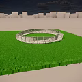 Outdoor Circular Metal Structure On Green Lawn With White Buildings Background