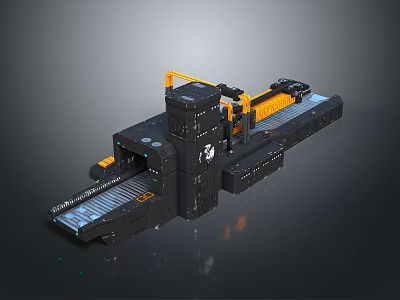Automated Industrial Black Mechanical Equipment With Yellow Components And Conveyor System 3d model