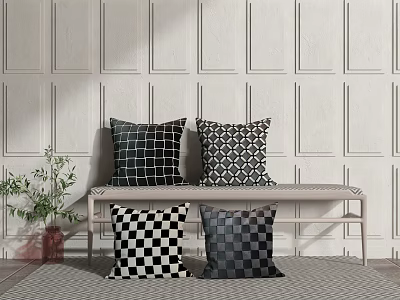 Stylish Plaid Pillows on Light Bench and Floor Against Paneled White Wall with Green Plant 3d model