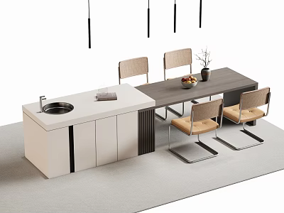 Modern Bar Counter Interior With White Countertop Wooden Table And Dining Chairs 3d model