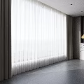 Modern Interior White Sheer Curtains With Beige Drapes And Marble Countertop