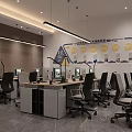 Modern Office Interior Design With Desks Chairs Computers Hanging Lights And Wall Charts