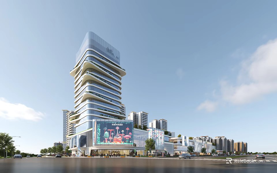 High Rise Modern Commercial Complex Featuring Glass Facade Retail Areas And Digital Billboard 3d model 