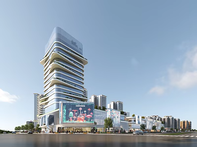 High Rise Modern Commercial Complex Featuring Glass Facade Retail Areas And Digital Billboard 3d model