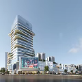 High Rise Modern Commercial Complex Featuring Glass Facade Retail Areas And Digital Billboard