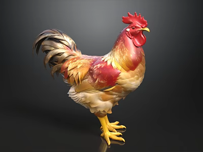 Colorful Rooster With Red Comb Yellow Beak And Brown Feathers On Black Background 3d model