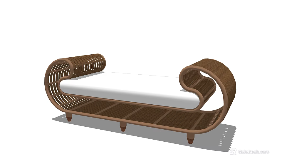 Elegant Outdoor Wicker Chair With Curved Armrests White Cushion And Wooden Legs 3d model 