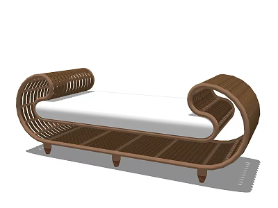 Elegant Outdoor Wicker Chair With Curved Armrests White Cushion And Wooden Legs 3d model