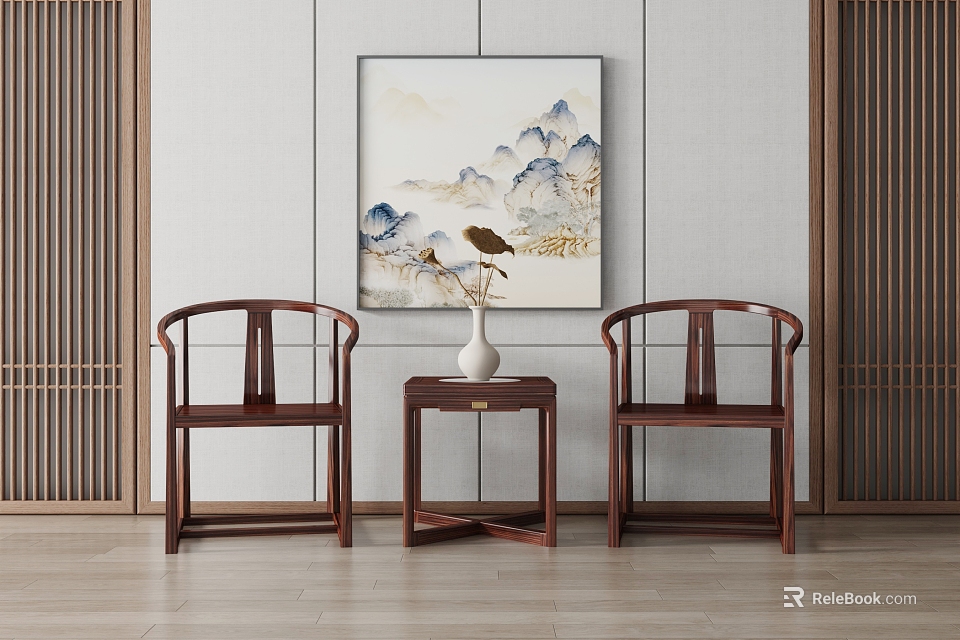 Chinese Traditional Wooden Table And Chairs With Vase On Table And Landscape Painting Indoor Interior 3d model 