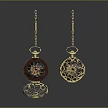 Decorative Circular Ornaments With Gold Chains Intricate Patterns And Wooden Base