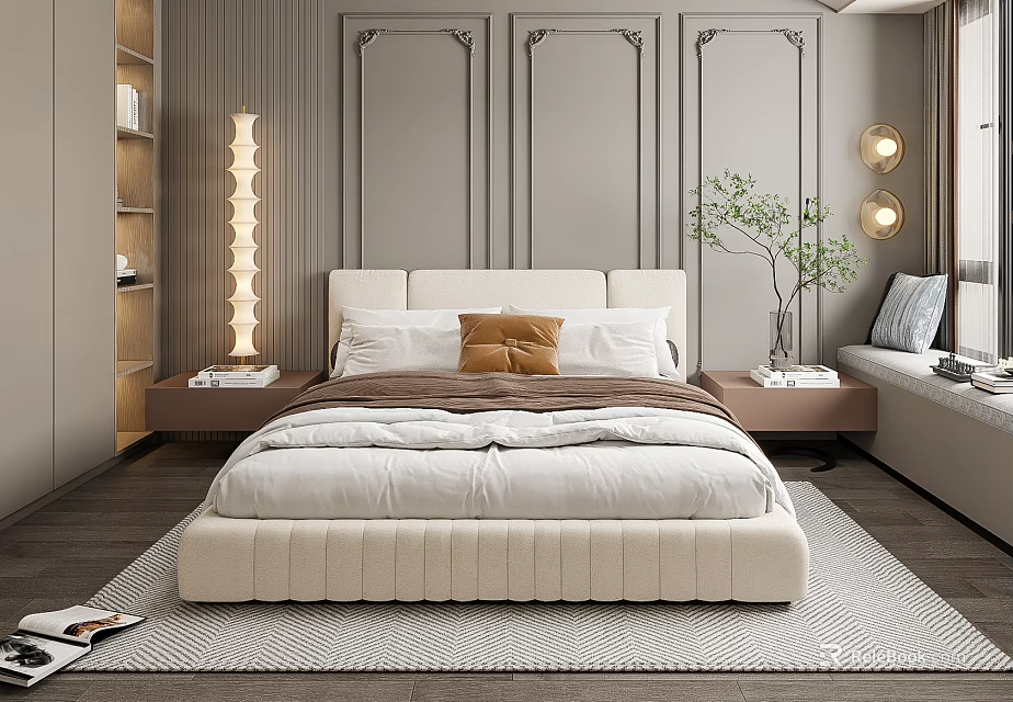 Modern Neutral Bedroom With Upholstered Bed Layered Bedding Nightstands And Floor Lamp 3d model 