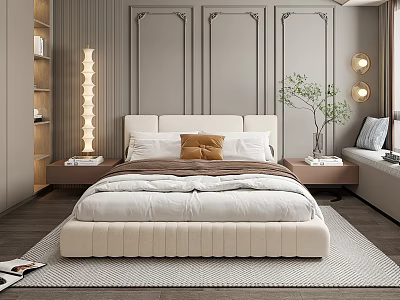 Modern Neutral Bedroom With Upholstered Bed Layered Bedding Nightstands And Floor Lamp 3d model