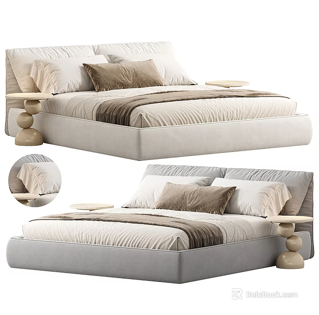 Modern Double Bed With Light Colored Bedding Brown Pillows And Side Table 3d model 