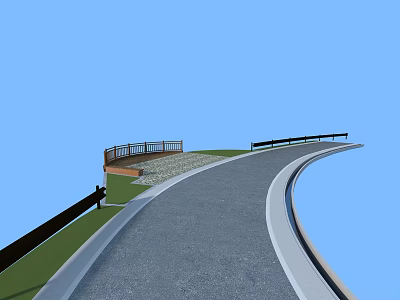 Curved Asphalt Road With Wooden Railings And Green Grass Area 3d model
