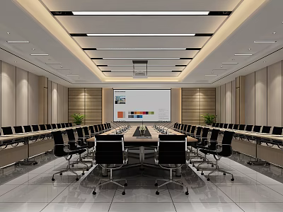Modern Conference Room Interior With Long Table Black Chairs Projection Screen And Ceiling Lighting 3d model