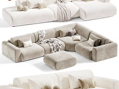 Beige Velvet Double Sofa With Cushions Throw Blanket And Ottoman 3d model