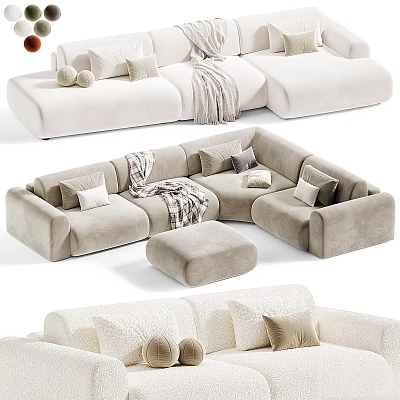Beige Velvet Double Sofa With Cushions Throw Blanket And Ottoman 3d model